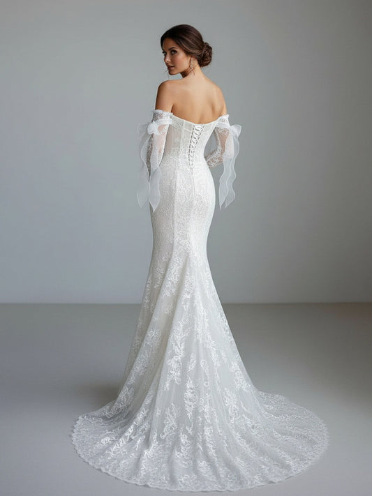 Sevoba|Lace Mermaid Covered-Button Long Sleeve Train Wedding Dress