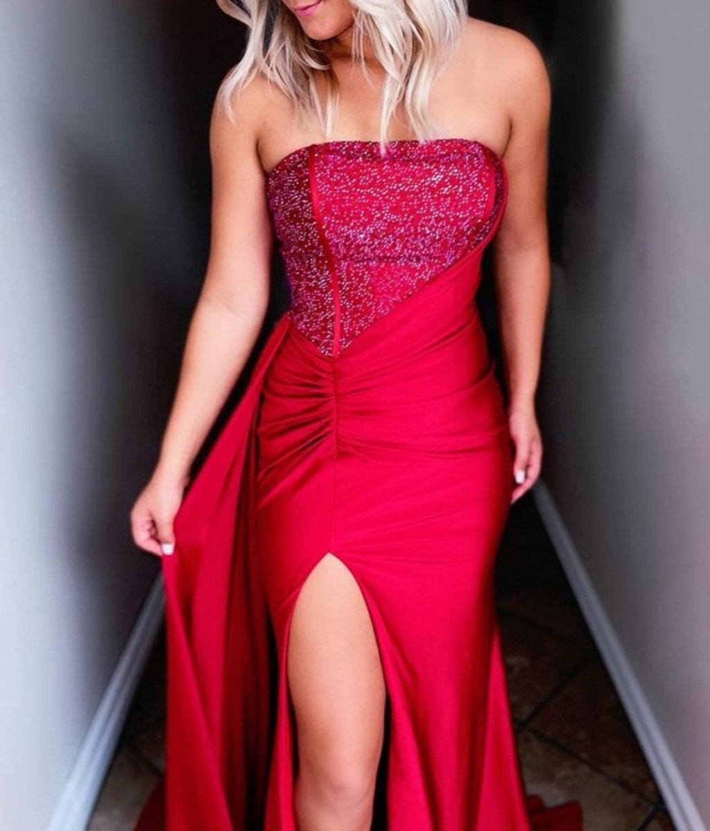 Ryann | Red Strapless Satin Long Prom Dress with Slit
