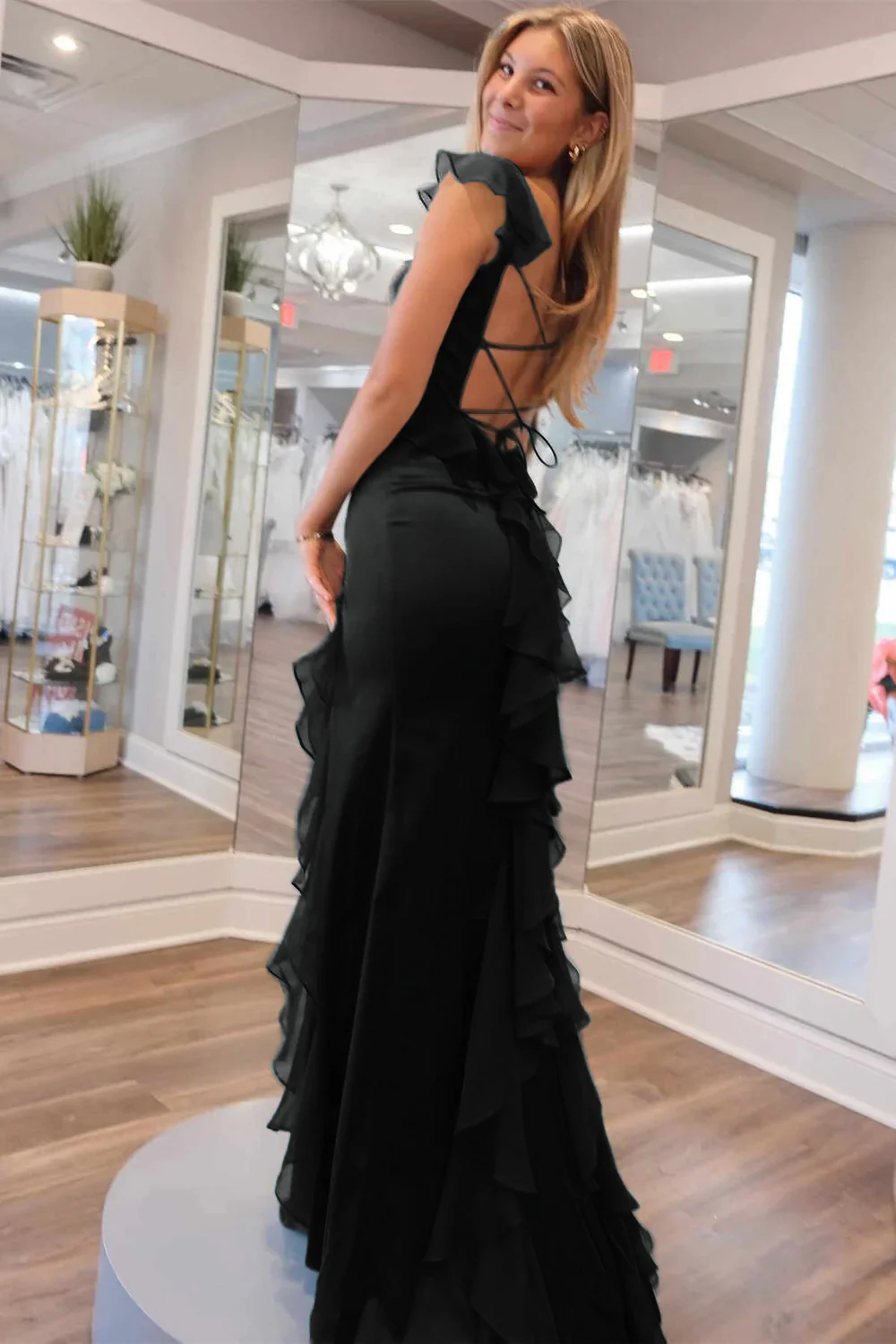 Sevoba|Green Mermaid Straps Scoop Pleated High Slit Long Prom Dress