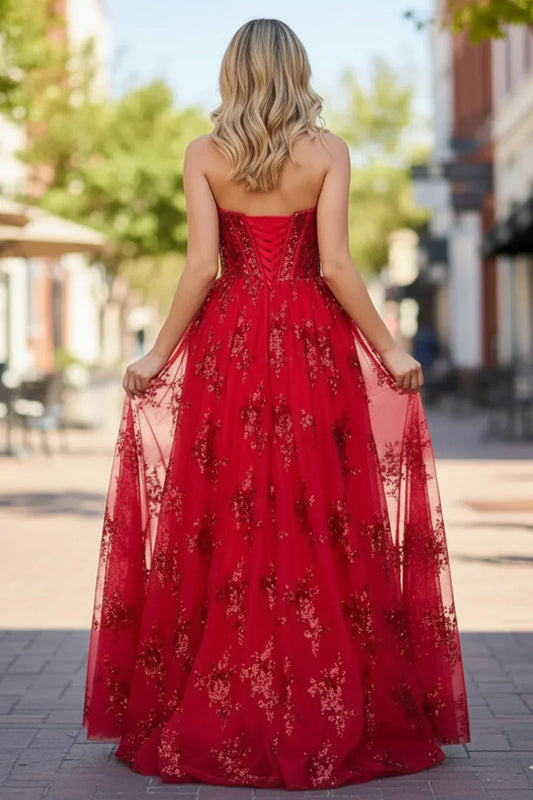 A Line Strapless Pleating Long Prom Dress With Sequins Applique | Sevoba