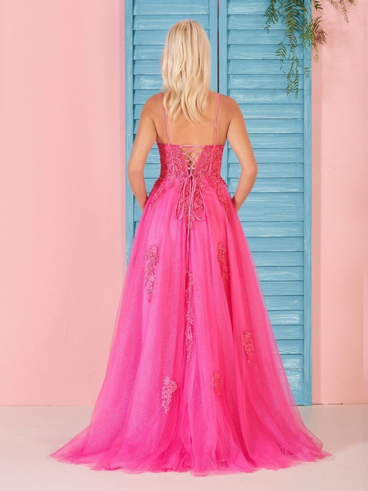 Sevoba|A Line V Neck Pink Lace Long Prom Dress
