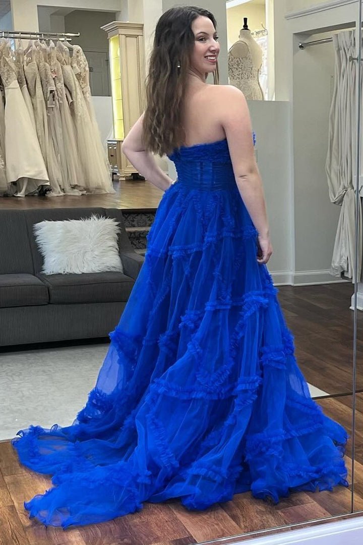 Sevoba|A-Line Strapless Ruffles Long Formal Dress with Puff Sleeves