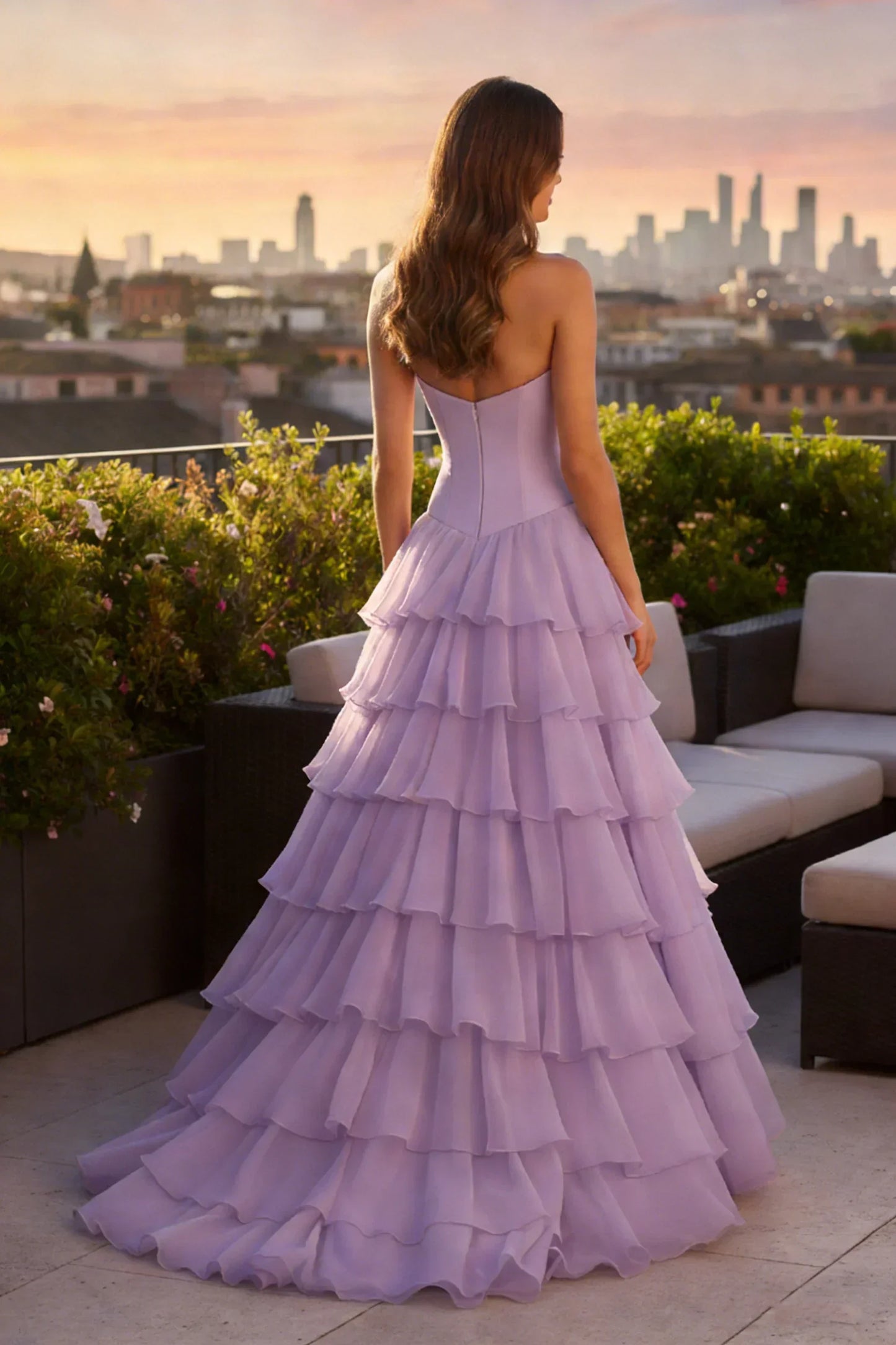 A Line Strapless Corset Ruffled Tulle Prom Dress | Sevoba