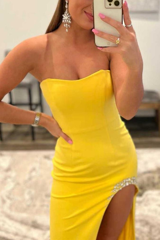 Yellow Strapless Long Formal Dress with Slit