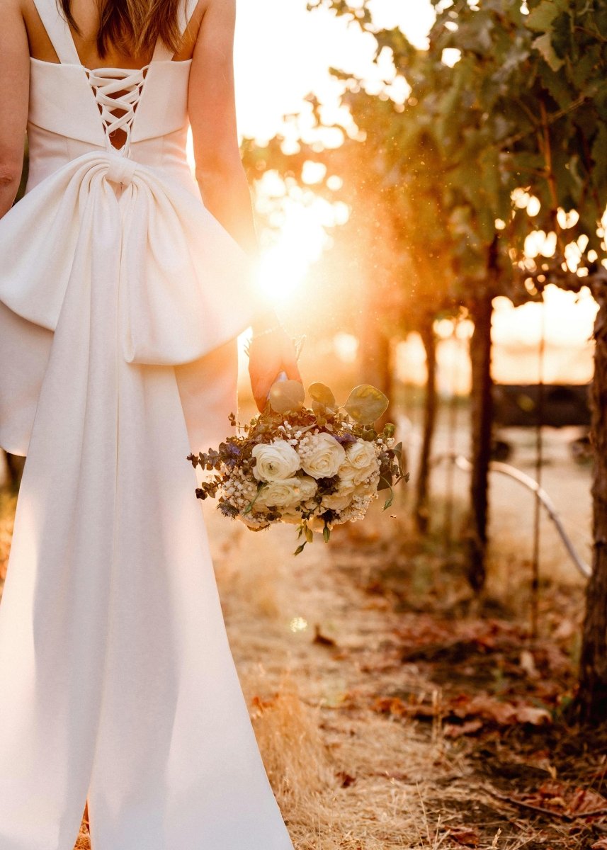 Sevoba|Square Neck White Satin Short Wedding Dress with Bow Back and Veil