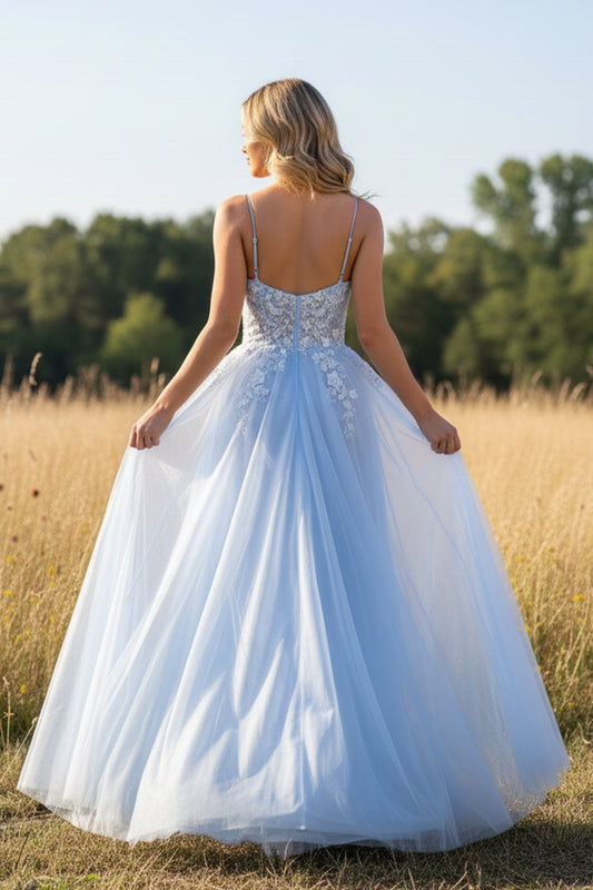 A-line Tulle Applique Lace Floor Length Tulle Prom Dress | Sevoba