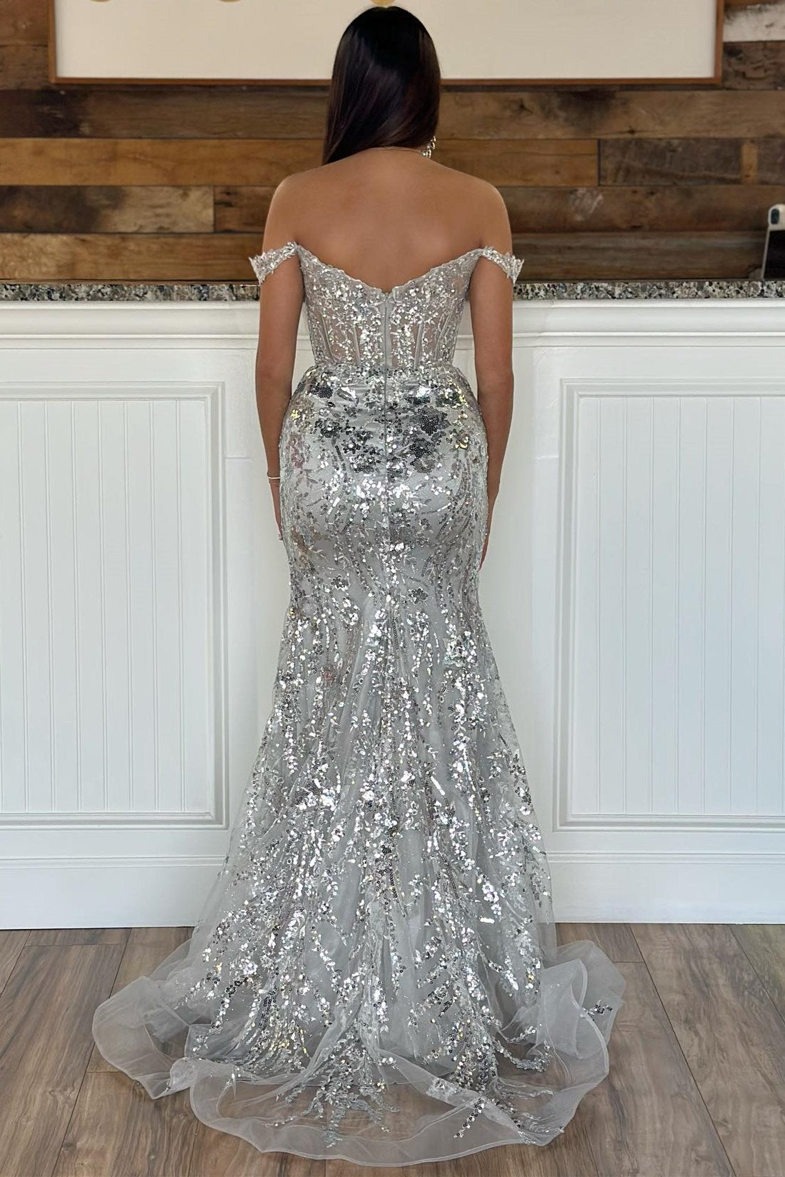Sevoba|Off-the-Shoulder Sequin Lace Mermaid Long Dress with High Slit