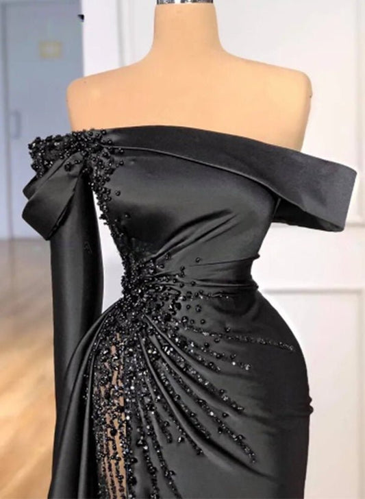 Sheath Off-The-Shoulder Long Sleeves Satin/Sequined Prom Dresses