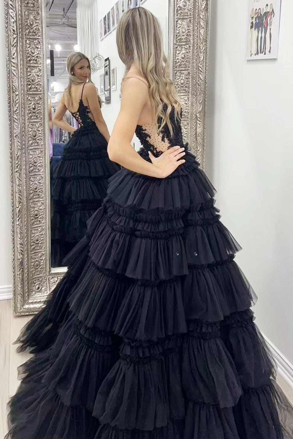 Sevoba|Spaghetti Strap V-Neck Sleeveless Ruffle Tiered Tulle Long Prom Dress