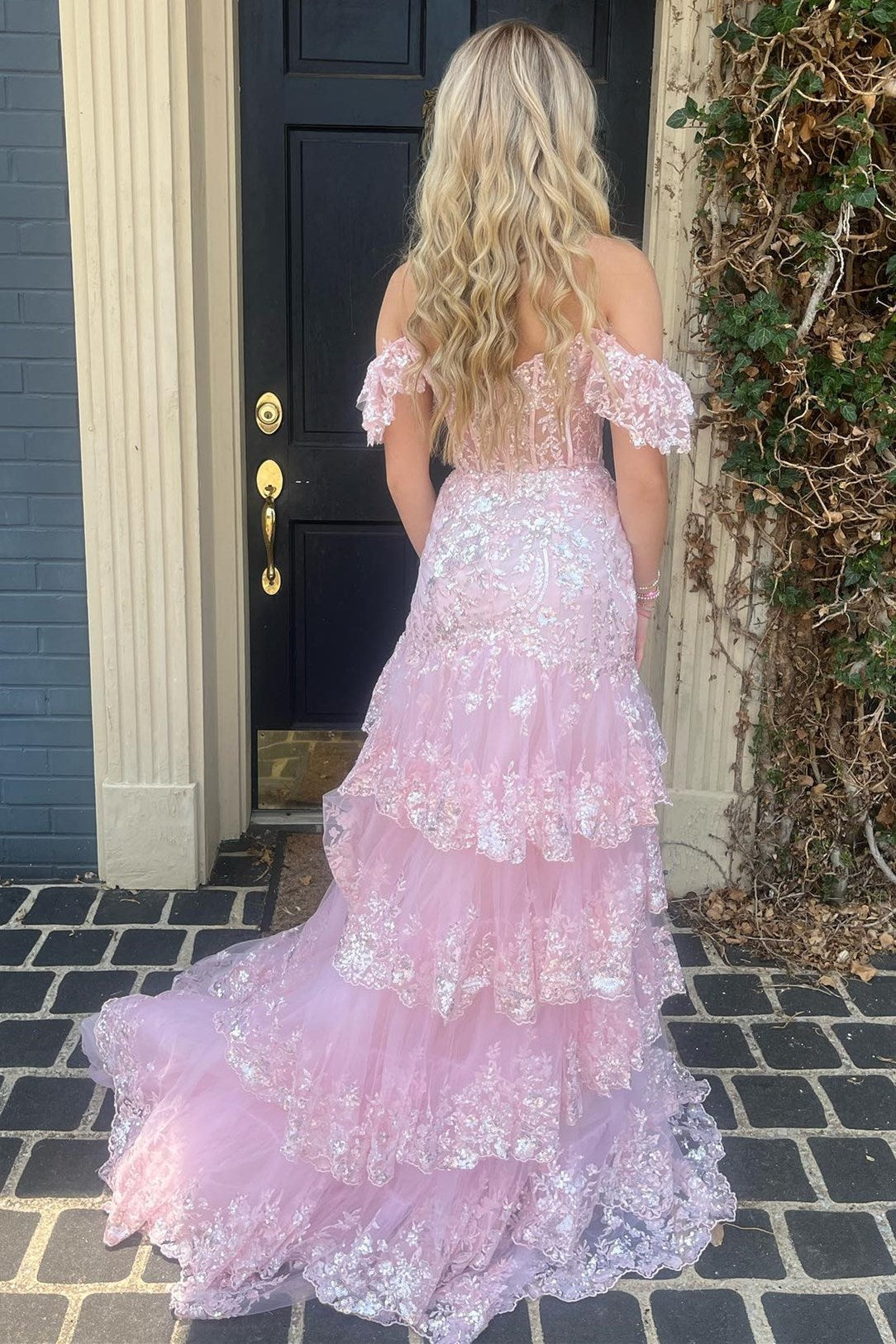 Sevoba|Red Sequin-Embroidery Off-the-Shoulder Tiered Long Prom Dress with Slit