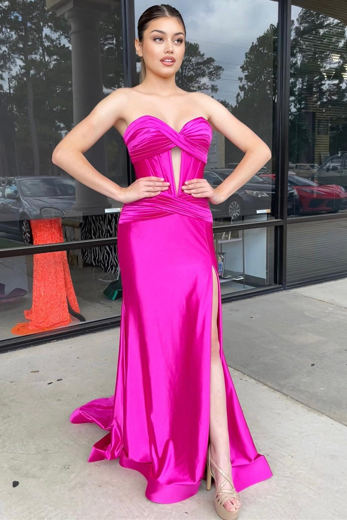 Sevoba|Classy Strapless Keyhole Mermaid Satin Long Prom Dress with Slit