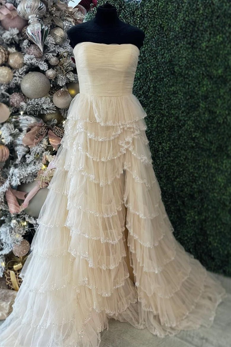 Sevoba|Light Blue Strapless Layered Tulle Prom Dress with Sequins