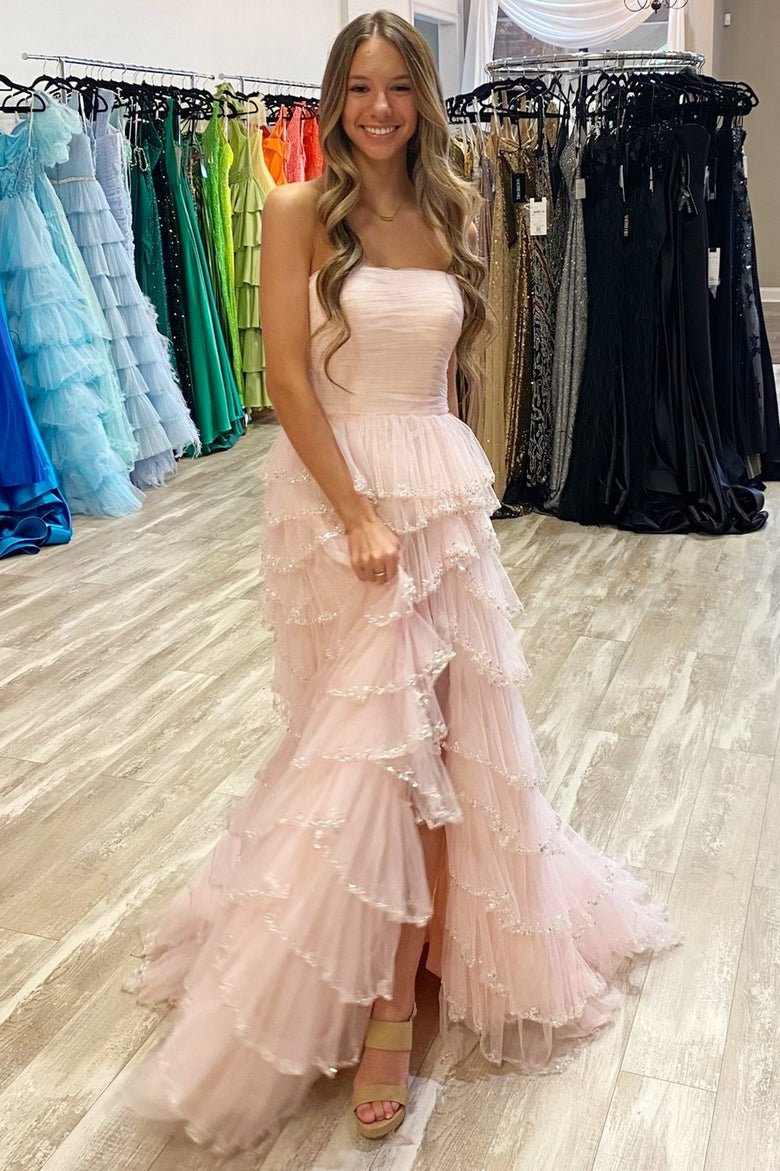 Sevoba|Light Blue Strapless Layered Tulle Prom Dress with Sequins