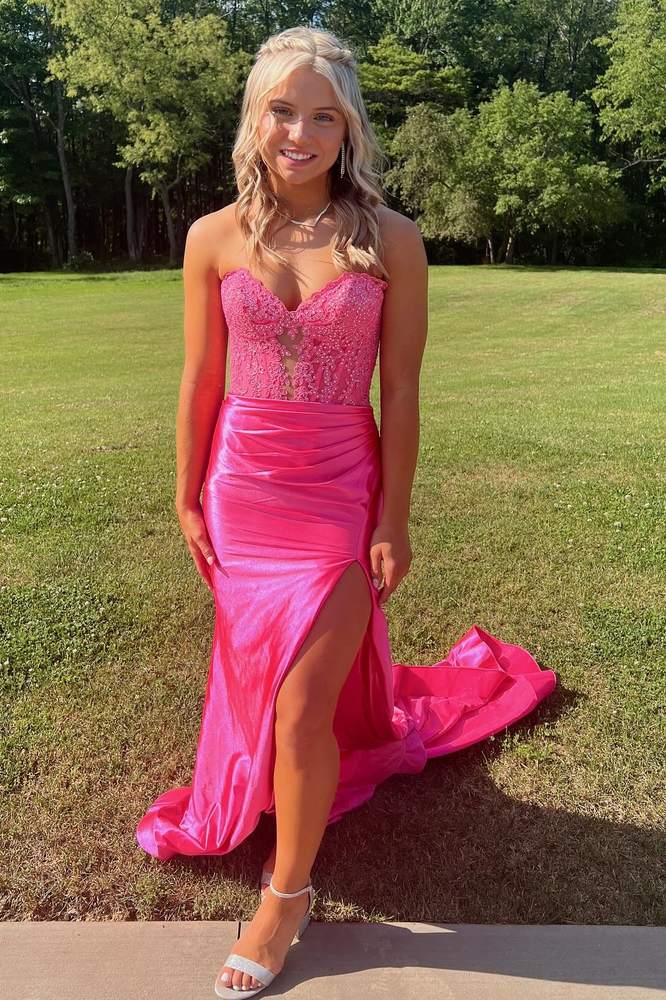 Sevoba|Blue Strapless Lace Beaded Long Prom Dress with Slit