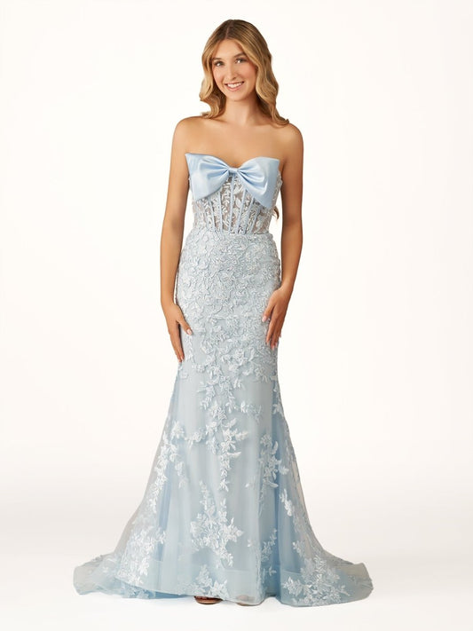 Strapless Mermaid Lace Appliques Long Prom Dress with Bow