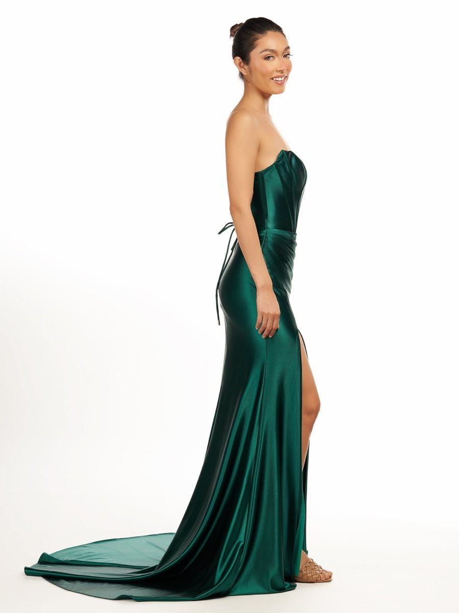 Sevoba|Dark Green Strapless Sheath Satin Long Prom Dress With Split