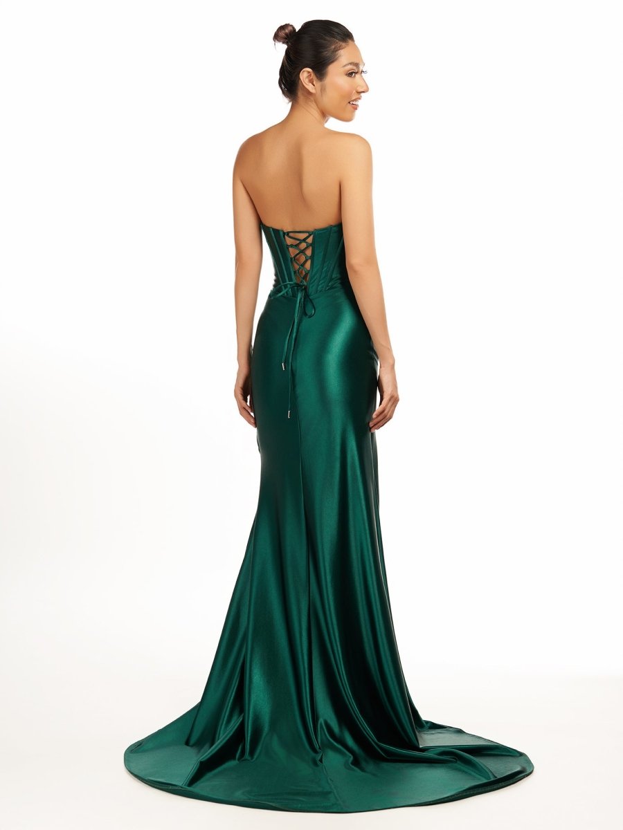 Sevoba|Dark Green Strapless Sheath Satin Long Prom Dress With Split