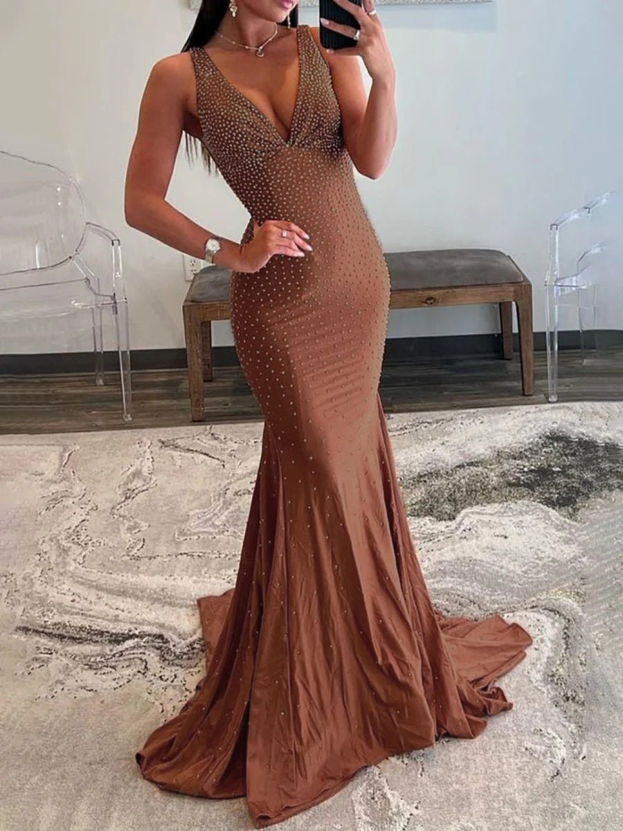 Sevoba | Mermaid Deep V-Neck Beaded Satin Long Prom Dress