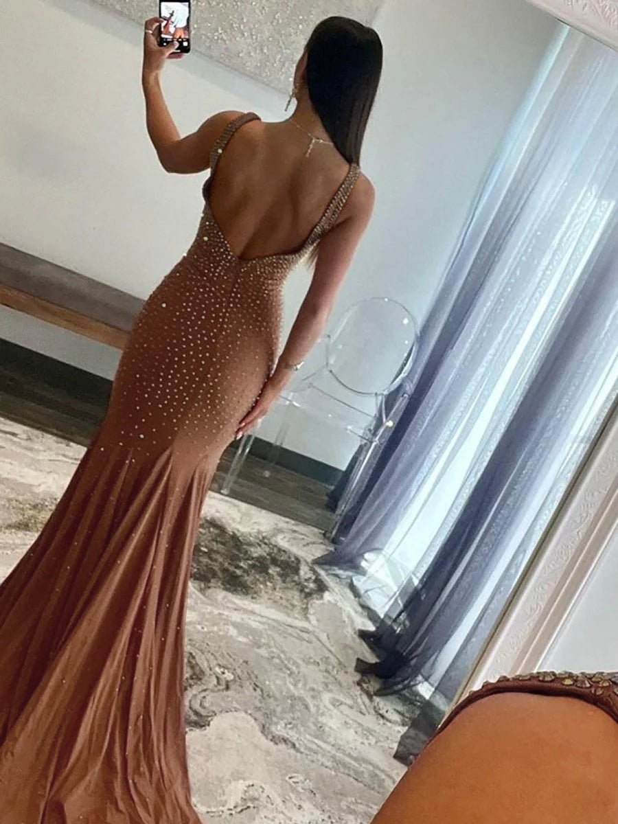 Sevoba | Mermaid Deep V-Neck Beaded Satin Long Prom Dress