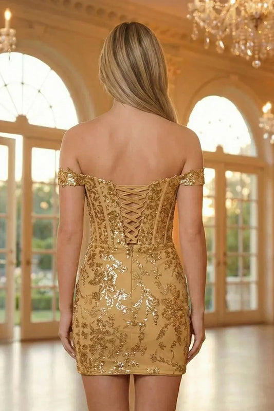 Short Off the Shoulder Sheath Kace Corset Homecoming Dress with Sequins | Sevoba