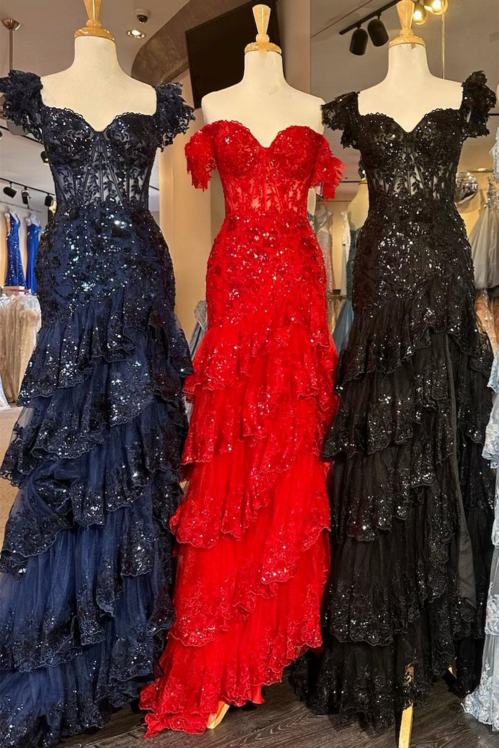 Sevoba|Red Sequin-Embroidery Off-the-Shoulder Tiered Long Prom Dress with Slit