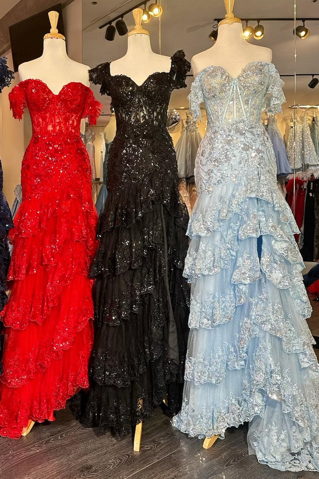 Sevoba|Red Sequin-Embroidery Off-the-Shoulder Tiered Long Prom Dress with Slit