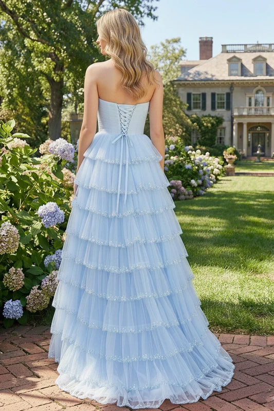 A-line Strapless Layered Tulle Prom Dress with Sequins | Sevoba