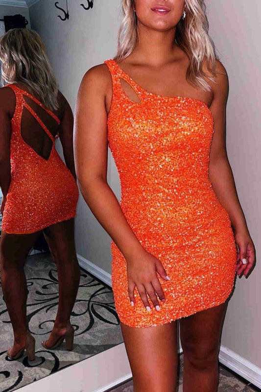 Magdalene |Sparkly Bodycon One Shoulder Sequins Short Homecoming Dress with Keyhole