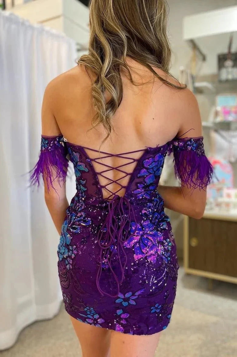 Selena | Bodycon Lace Feathers Off-the-Shoulder Short with Sequin Appliques Homecoming Dresses