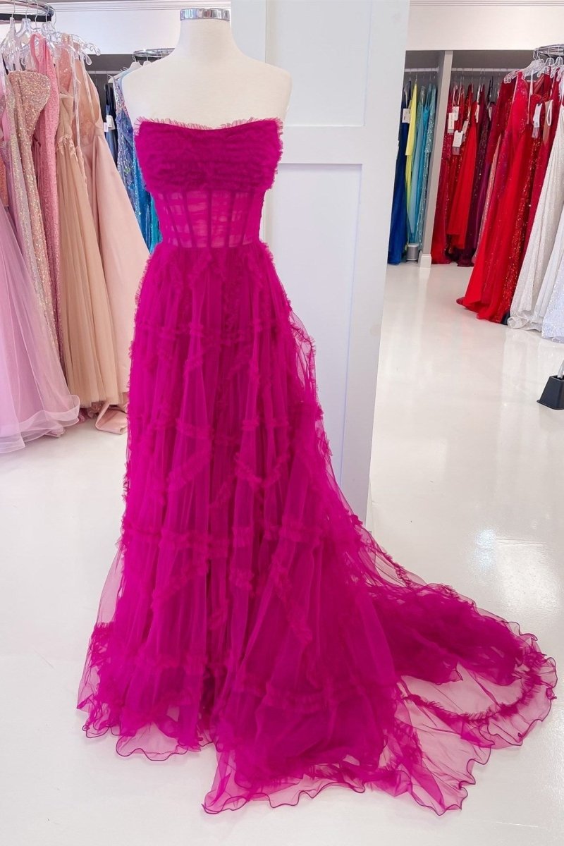 Sevoba|A-Line Strapless Ruffles Long Formal Dress with Puff Sleeves
