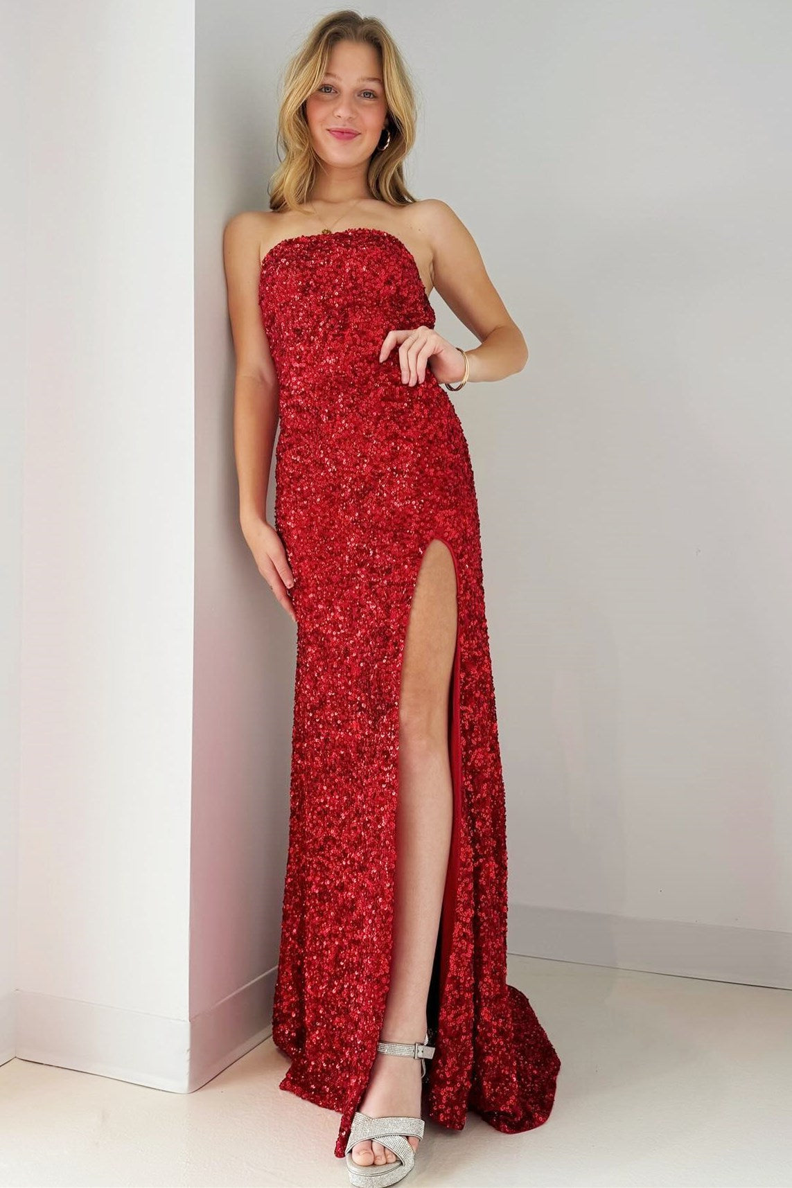 Sevoba|Gold Sequin Strapless Backless Mermaid Long Prom Dress with Slit