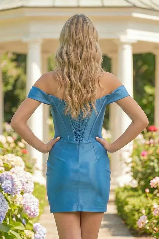 Sheath Off the Shoulder Short Satin Homecoming Dress | Sevoba