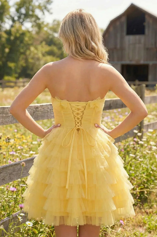 Strapless Tiered Ruffle Tulle Short Homecoming Dress With Flowers | Sevoba