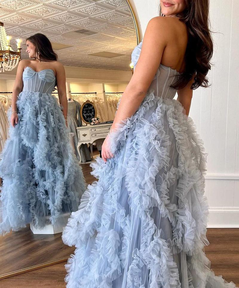 Blue Strapless Ruffle Tulle A-Line Long Prom Dresses with Slit