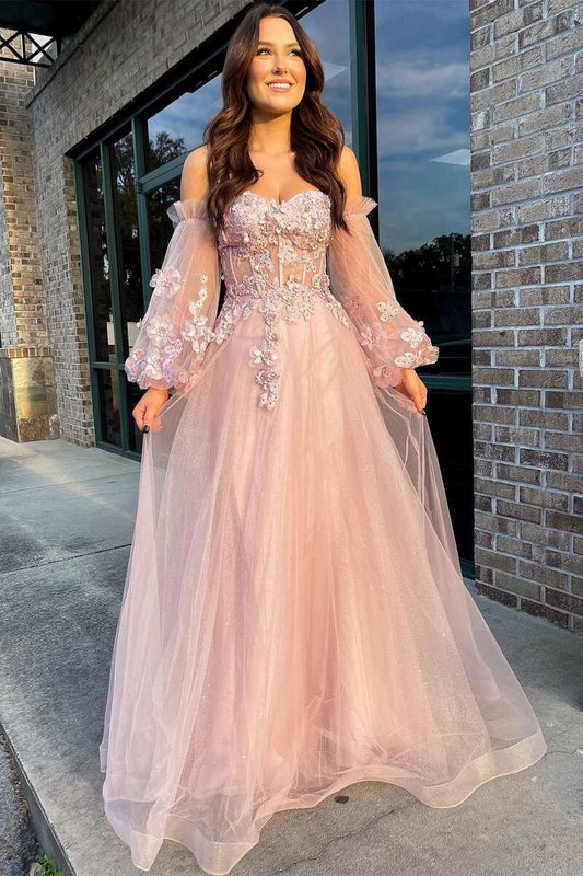 Sevoba|Pink Tulle Strapless A-Line Prom Dress with Balloon Sleeves