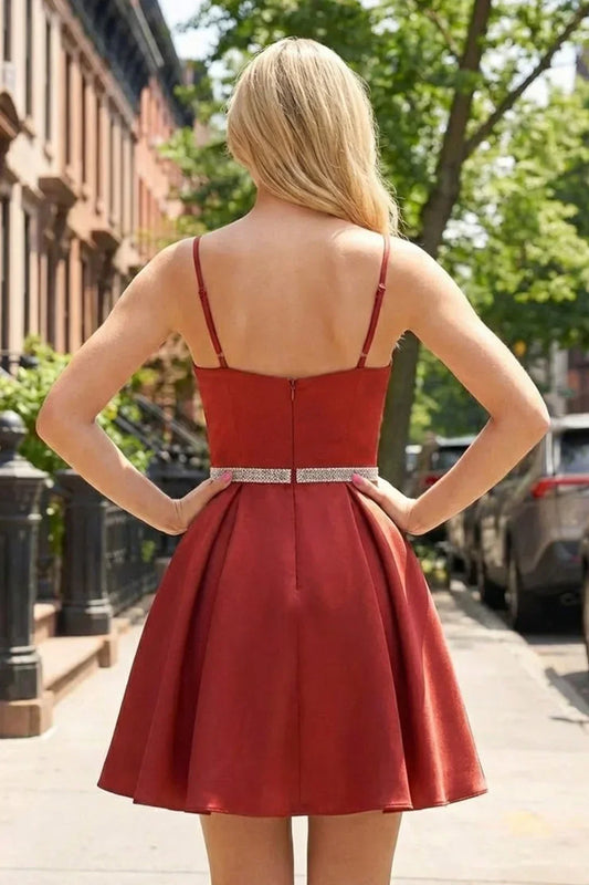 A Line Spaghetti Strap Beaded V Neck Homecoming Dresses | Sevoba