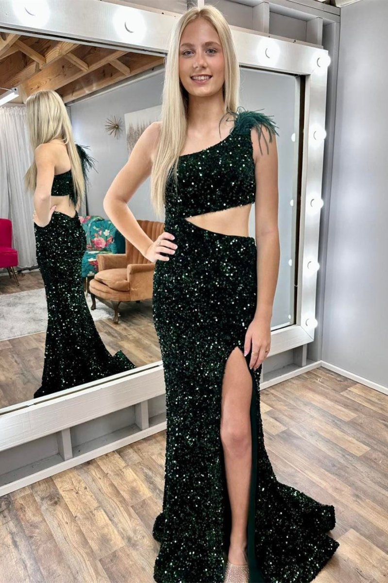 Sequin Feather One-Shoulder Mermaid Long Dress with Slit