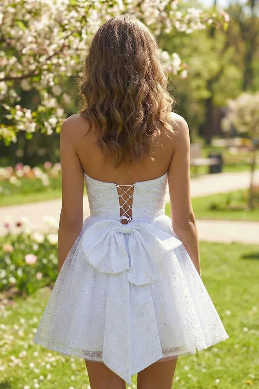 A Line Strapless Glitter Tulle Homecoming Dresses with Bow | Sevoba