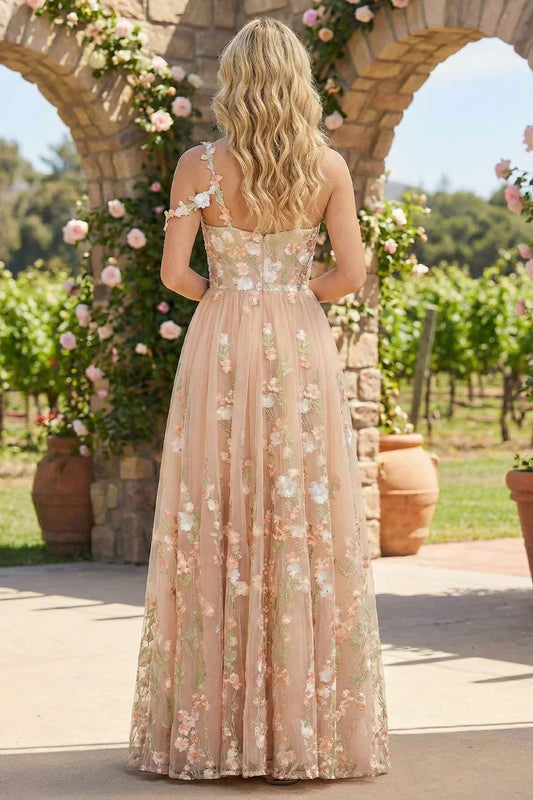 Back view of Sevoba champagne floral embroidered prom dress with zipper closure and flower strap details, vineyard setting