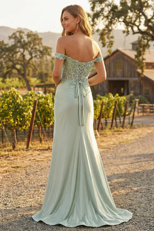 Sevoba sage green off-the-shoulder lace corset prom dress with lace-up back and floor-length skirt, back view in vineyard setting