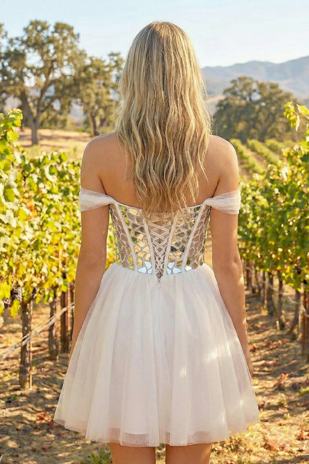 Off-the-Shoulder Short Homecoming Dress with Cut Glass Mirrors | Sevoba