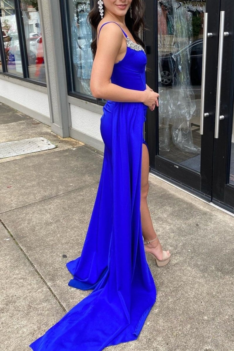 Red Beaded Queen Anne Neck Straps Long Formal Gown with Attached Train