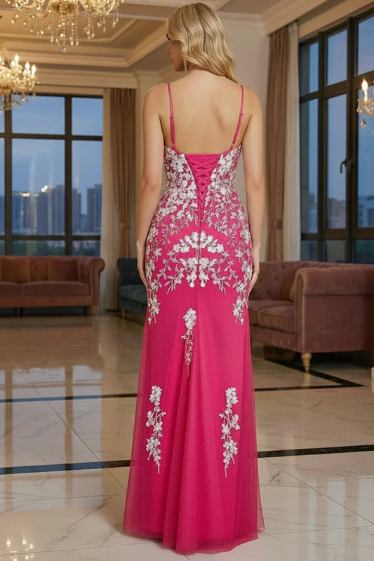 Sevoba Spaghetti Strap Hot Pink Floral Lace Applique Prom Dress with Slit. Back view showing Lace Up Corset Back.