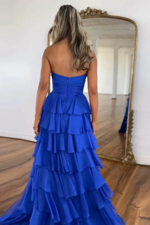 Sevoba|A-Line Strapless V-Neck Layered Chiffon Sleeveless Formal Prom Dress