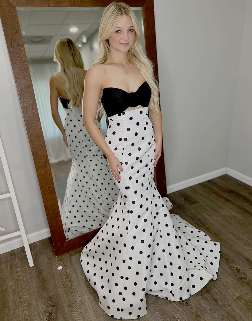 White Black Dot Mermaid Sweetheart Cut Out Long Prom Dress