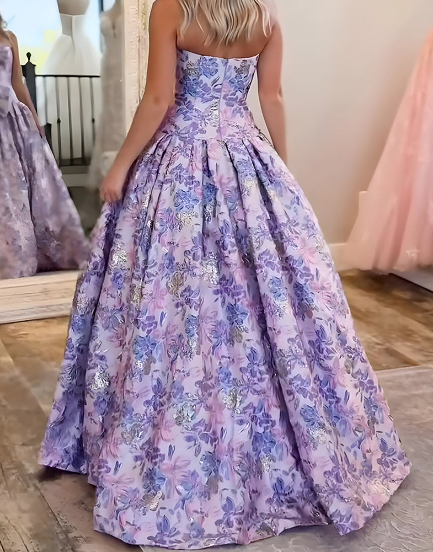 Purple Floral Strapless A Line Long Prom Dress with Bow