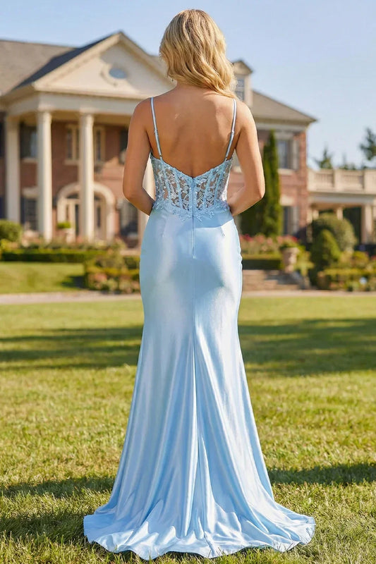 Back view of Sevoba baby blue satin evening gown showing a sheer lace back with boning and zipper closure, outdoor garden background