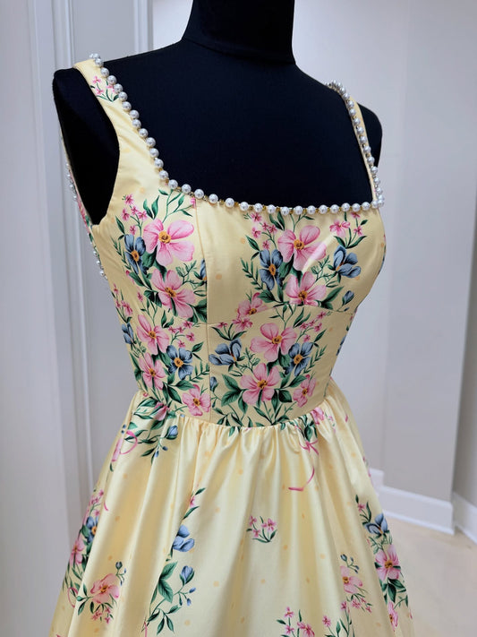 Vintage A Line Straps Floral printed Long Prom Dress With Pearls