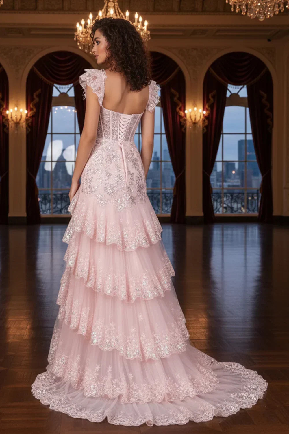 Sevoba soft pink sequin lace corset tiered high-low prom dress with train, back view in ballroom setting