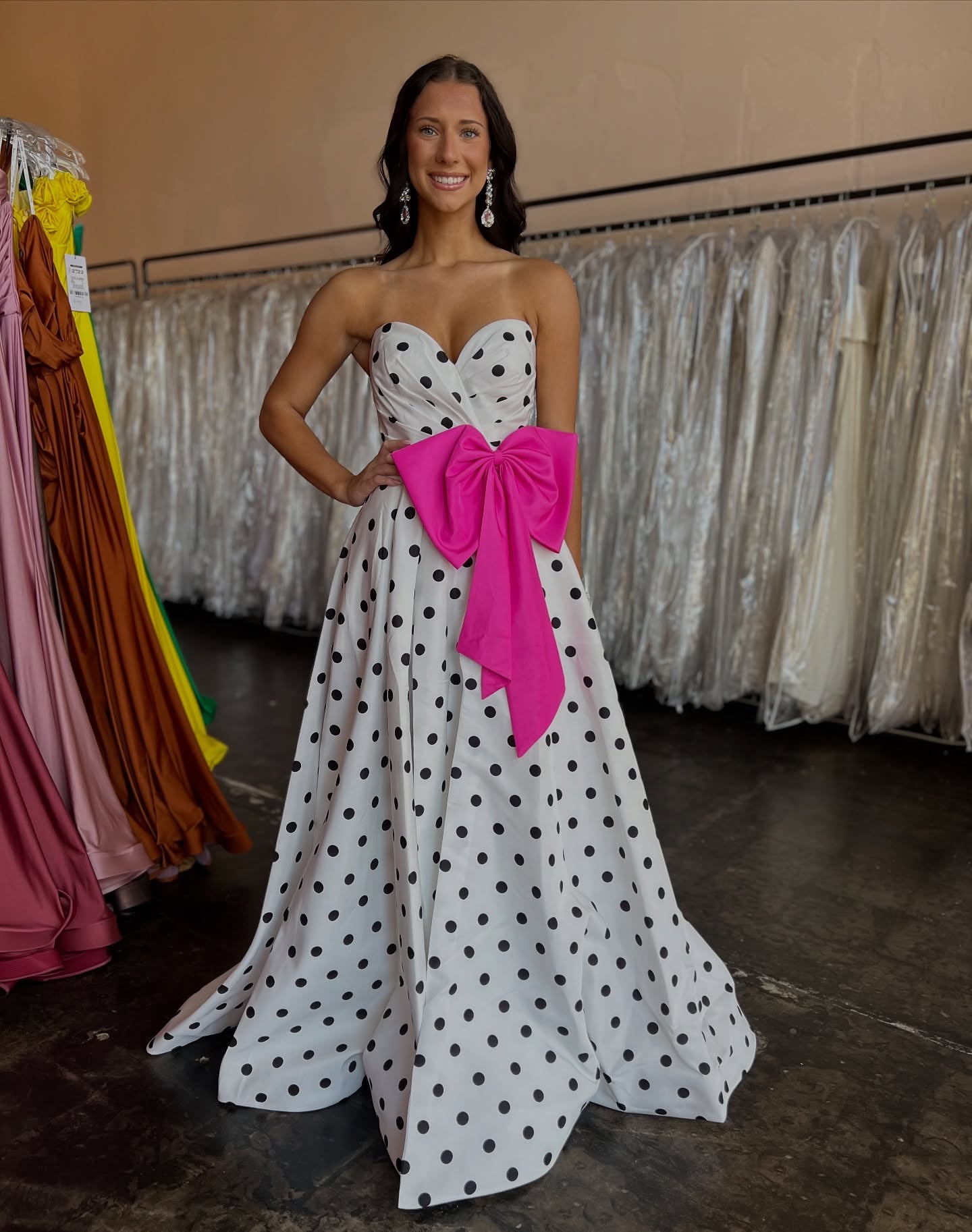 Elegant A Line Strapless Polka Dot Satin Long Prom Dress With Bow
